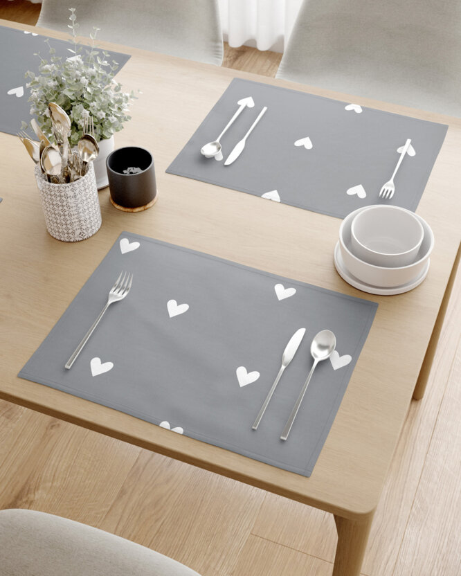 Tischset 100% Baumwolle - Herzchen auf Grau - 2 Stück