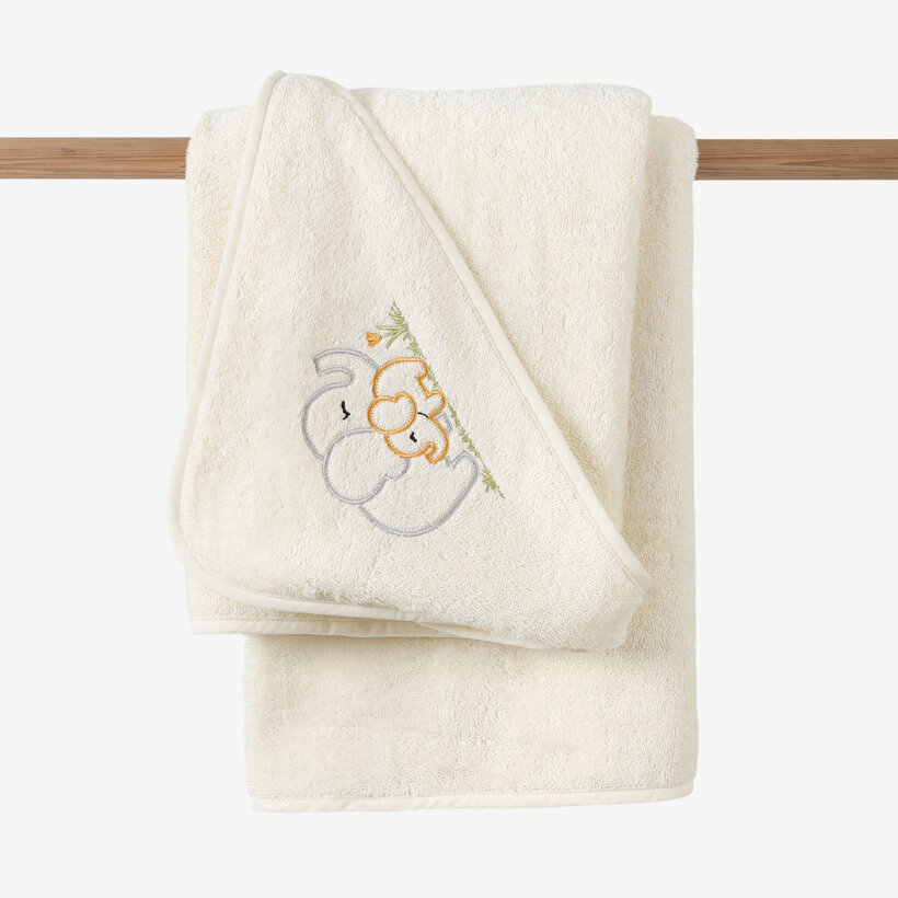 Frottee Babybadetuch mit Kapuze - Elefanten auf Creme