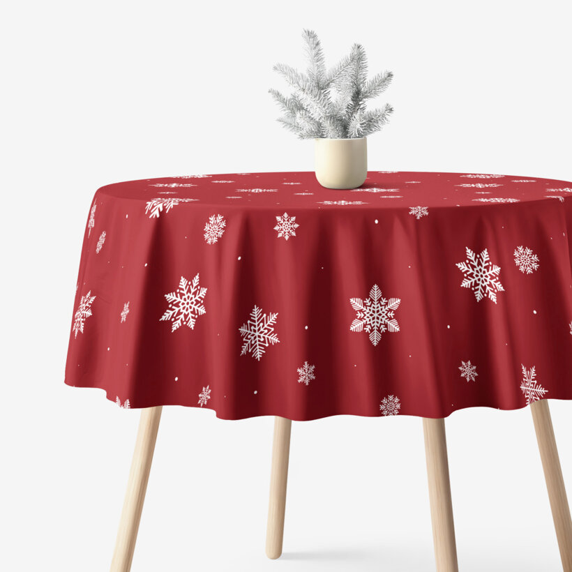 Runde Weihnachts-Tischdecke 100% Baumwolle - Schneeflocken auf Rot