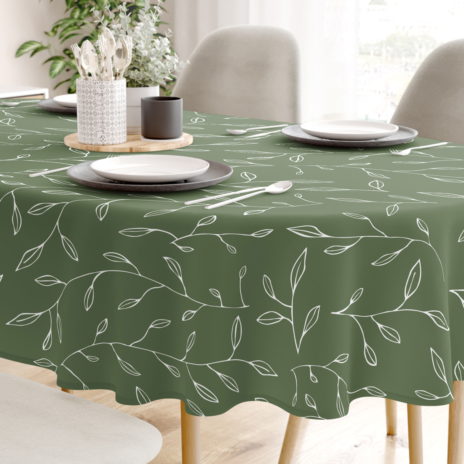 Ovale Tischdecke 100% Baumwolle - Teeblätter