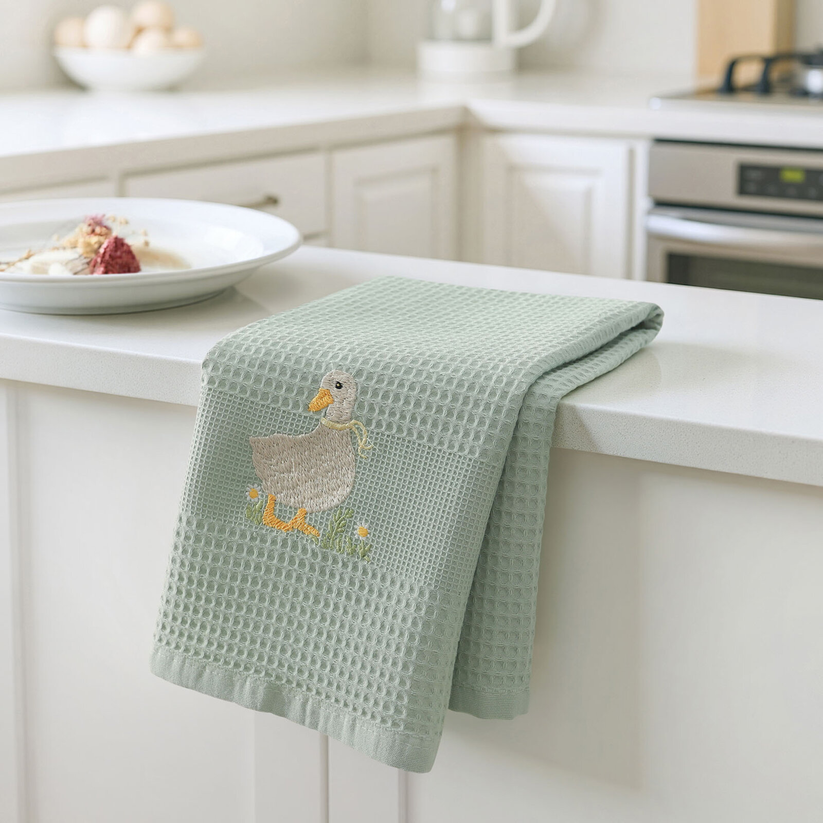 Ostern Waffel-Geschirrtuch mit Stickerei - Ente auf Salbeigrün