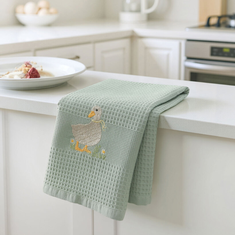 Ostern Waffel-Geschirrtuch mit Stickerei - Ente auf Salbeigrün