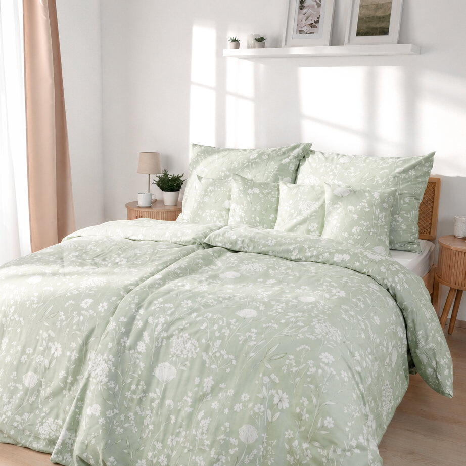 Bettwäsche aus Mako-Satin - Wiesenblumen auf Salbeigrün
