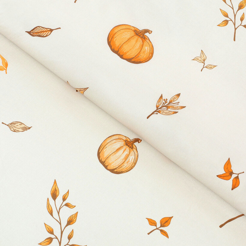 Baumwollstoff - Herbstkürbisse und Blätter