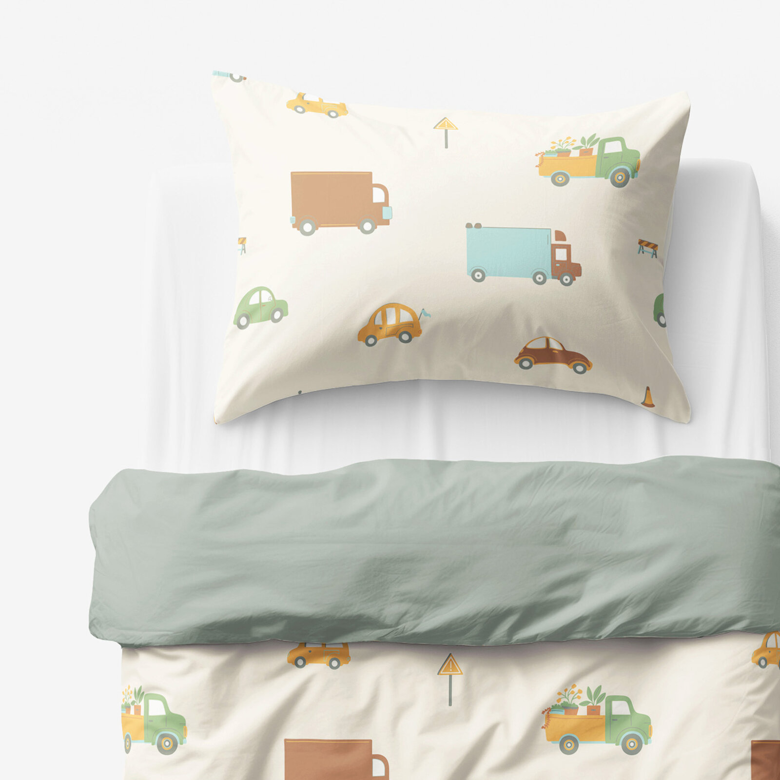Kinder-Bettwäsche aus Baumwolle Duo - Welt der Autos mit Salbeigrün