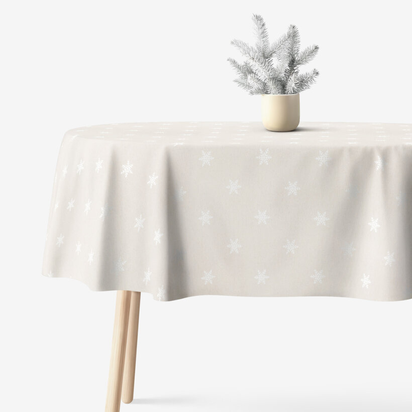 Ovale Weihnachts-Tischdecke Natura - Schneeflocken auf natürlichem