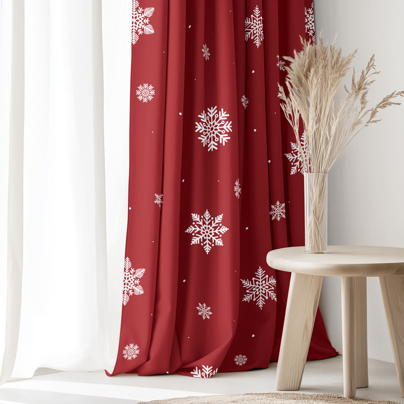 Weihnachtlicher Vorhang aus Baumwolle - Schneeflocken auf Rot