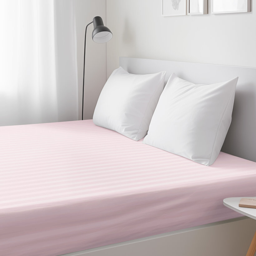 Spannbettlaken aus Damask - altrosa Streifen mit Satin-Glanz