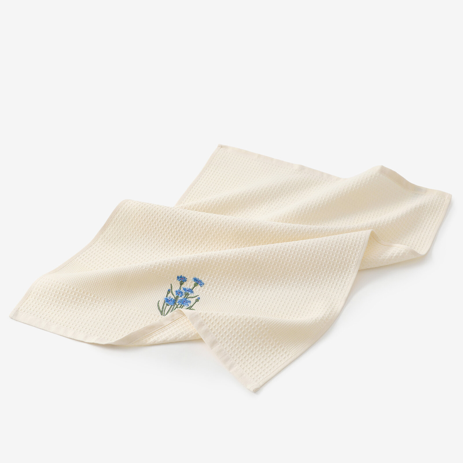 Waffel-Geschirrtuch mit Stickerei - Kornblumen auf Creme