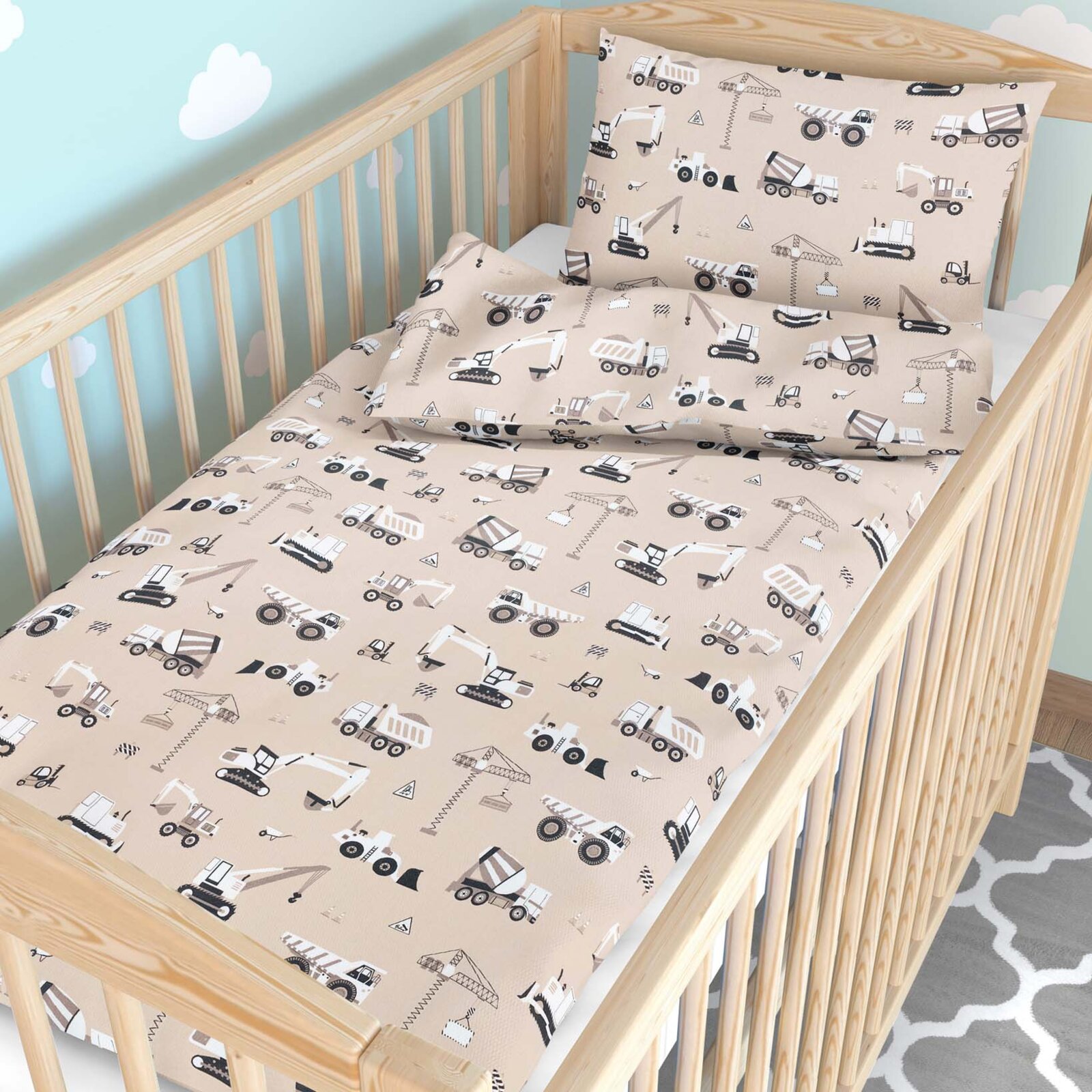 Bettwäsche für Babybetten aus Baumwolle - Lastwagen und Bagger auf Beige
