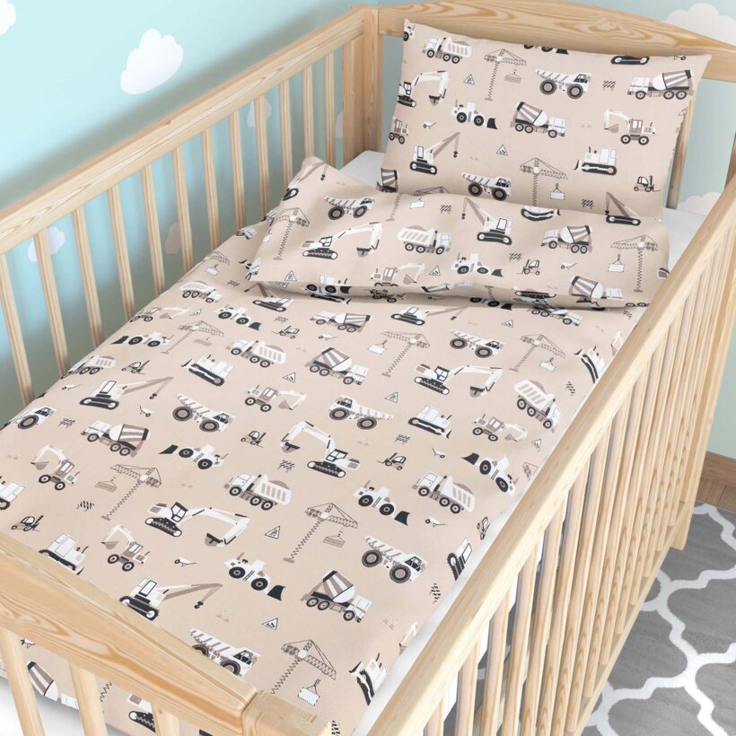 Bettwäsche für Babybetten aus Baumwolle - Lastwagen und Bagger auf Beige
