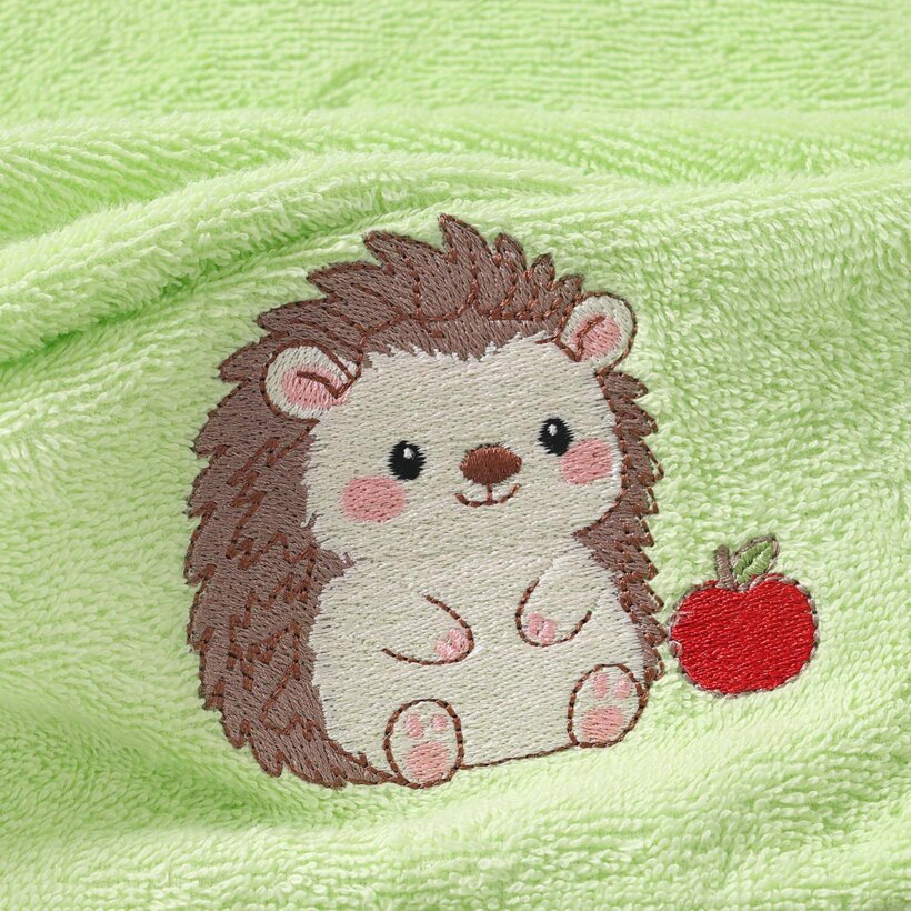 Kinder-Frottierhandtuch - Igel mit Apfel auf Grün