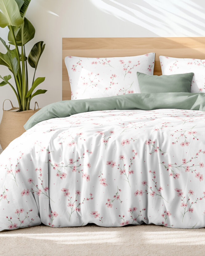 Bettwäsche aus Baumwolle Duo - Blühende Sakura-Kirschbäume mit Salbeigrün