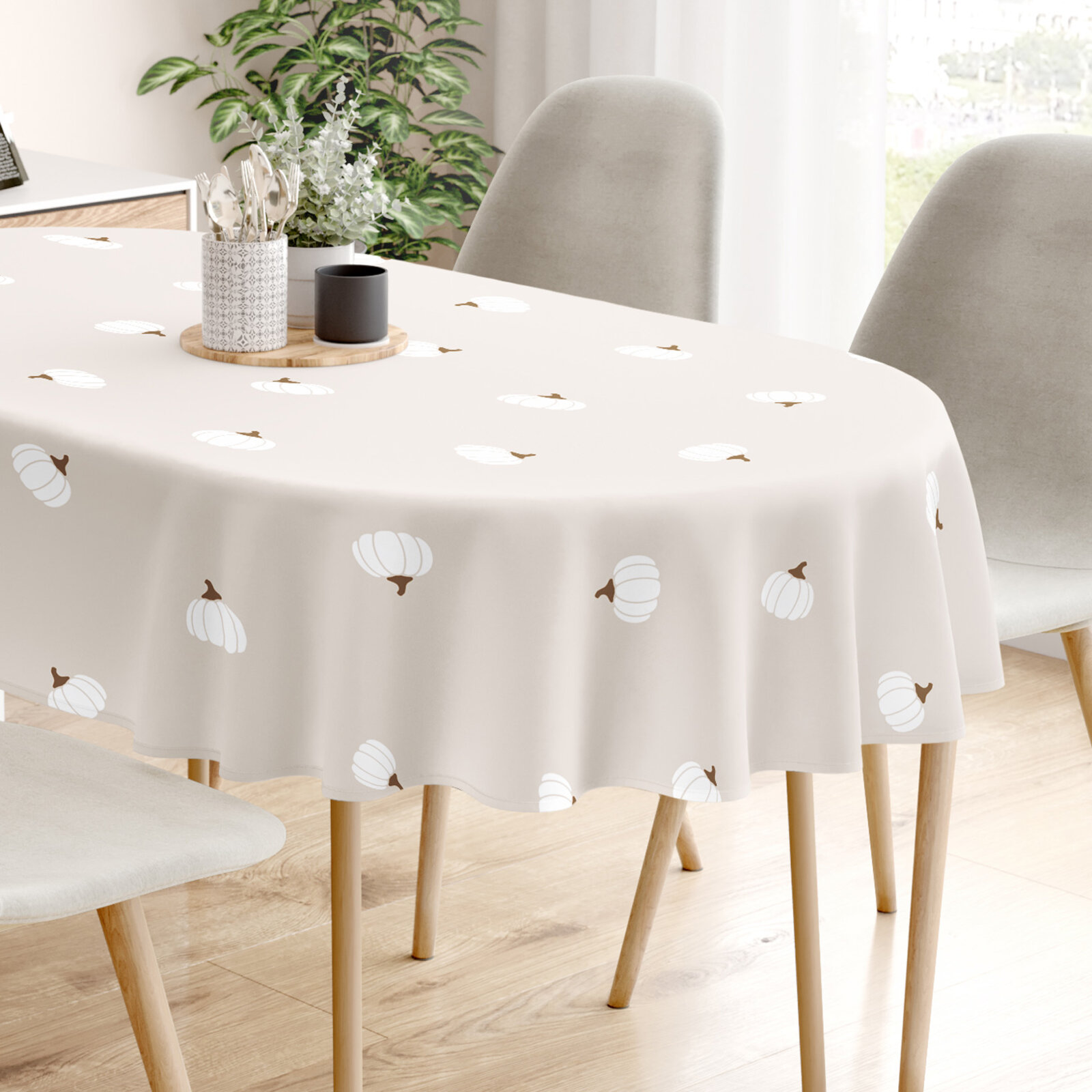 Ovale Tischdecke aus 100% Baumwolle - Kürbisse auf Creme