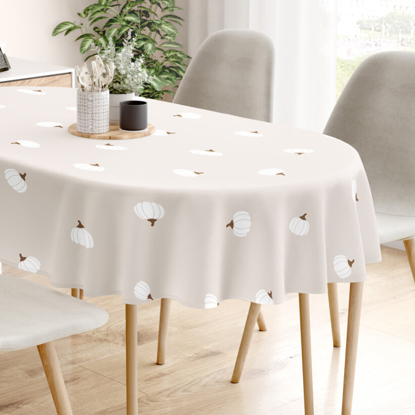 Ovale Tischdecke aus 100% Baumwolle - Kürbisse auf Creme