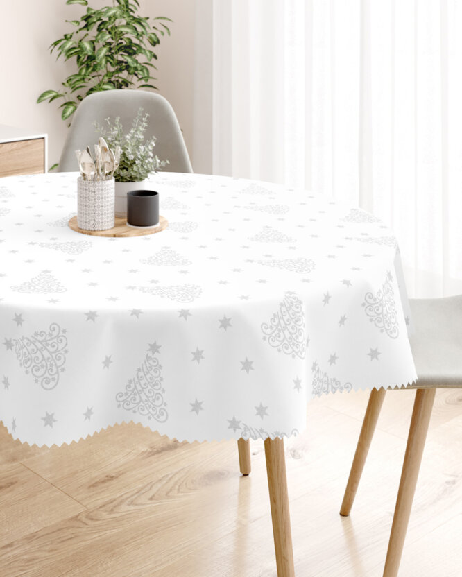 Runde Weihnachts Teflon-Tischdecke - Silberne Tannenbäume und Sterne