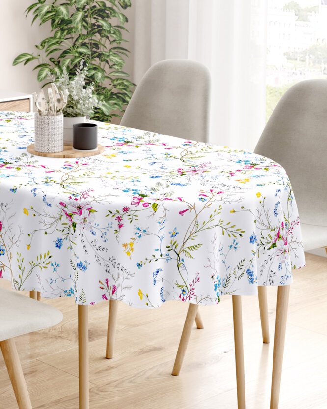 Ovale Tischdecke aus 100% Baumwolle - Gemalte Wiesenblumen