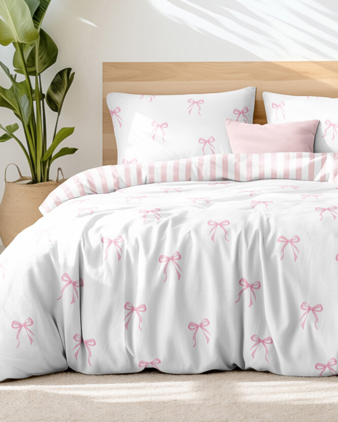 Bettwäsche aus Baumwolle - rosa Schleifen mit Streifen
