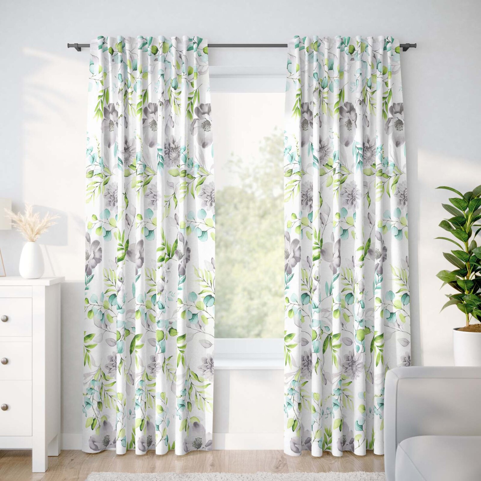 Vorhang aus Baumwolle Deluxe - Eukalyptus mit Blumen
