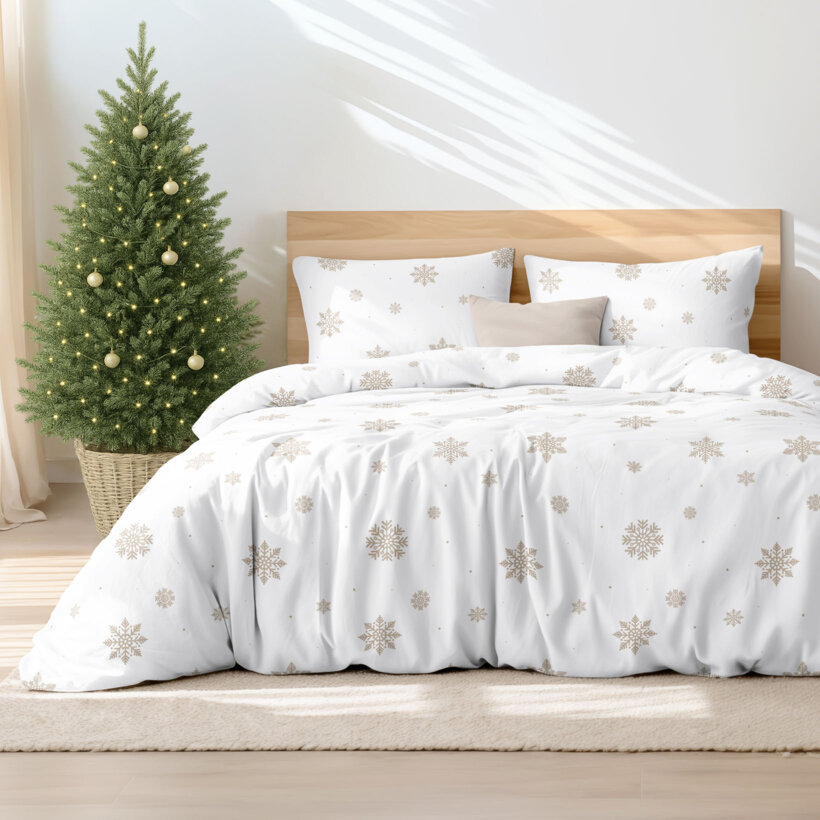 Weihnachtlich Bettwäsche aus Baumwolle - Schneeflocken auf Weiß