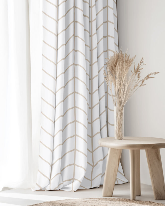 Vorhang aus Baumwolle - Beiger Zickzack auf Weiß