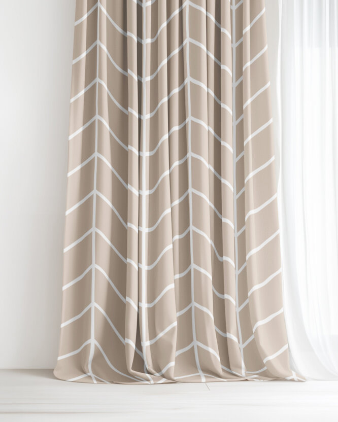 Vorhang aus Baumwolle - Weißer Zickzack auf Beige