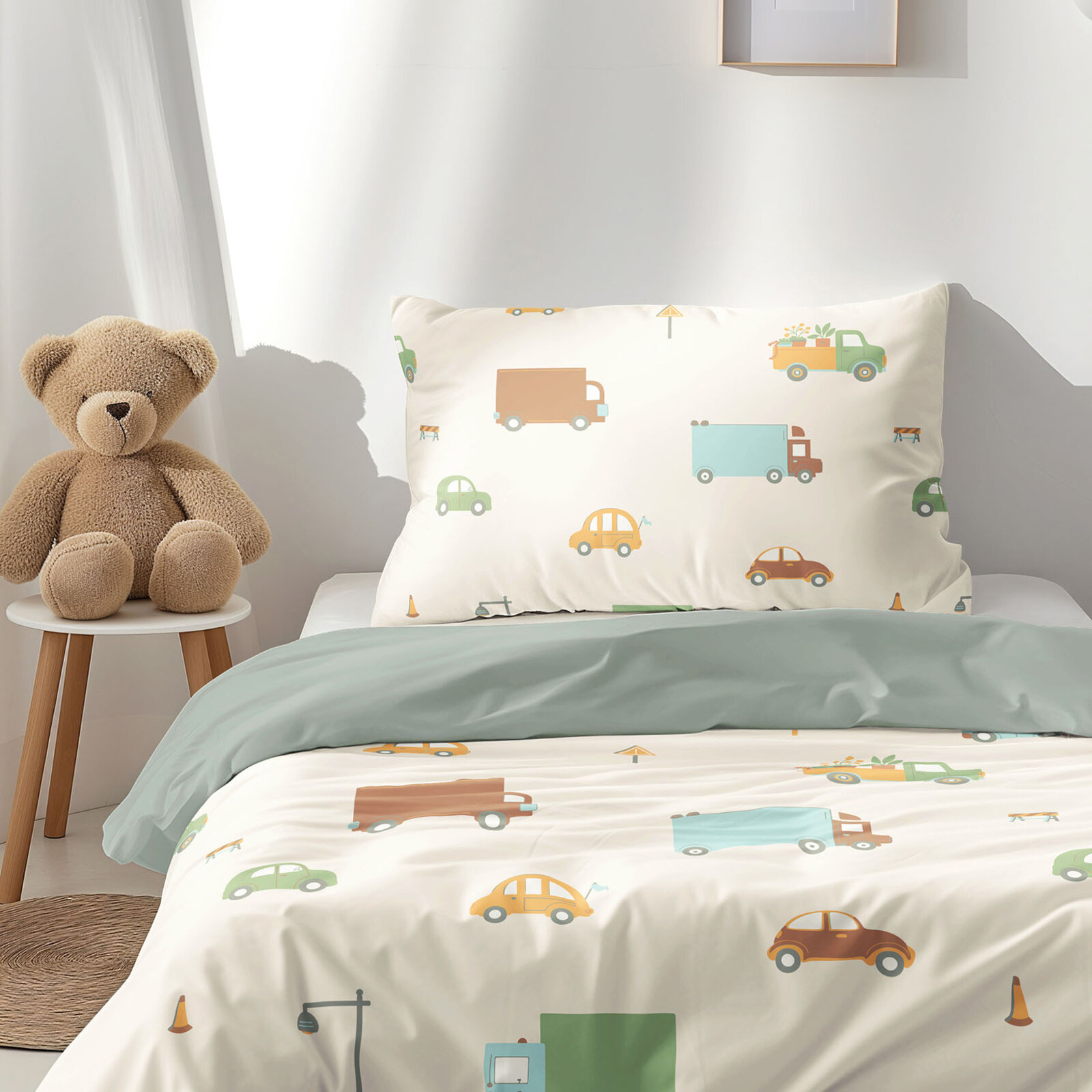 Kinder-Bettwäsche aus Baumwolle Duo - Welt der Autos mit Salbeigrün