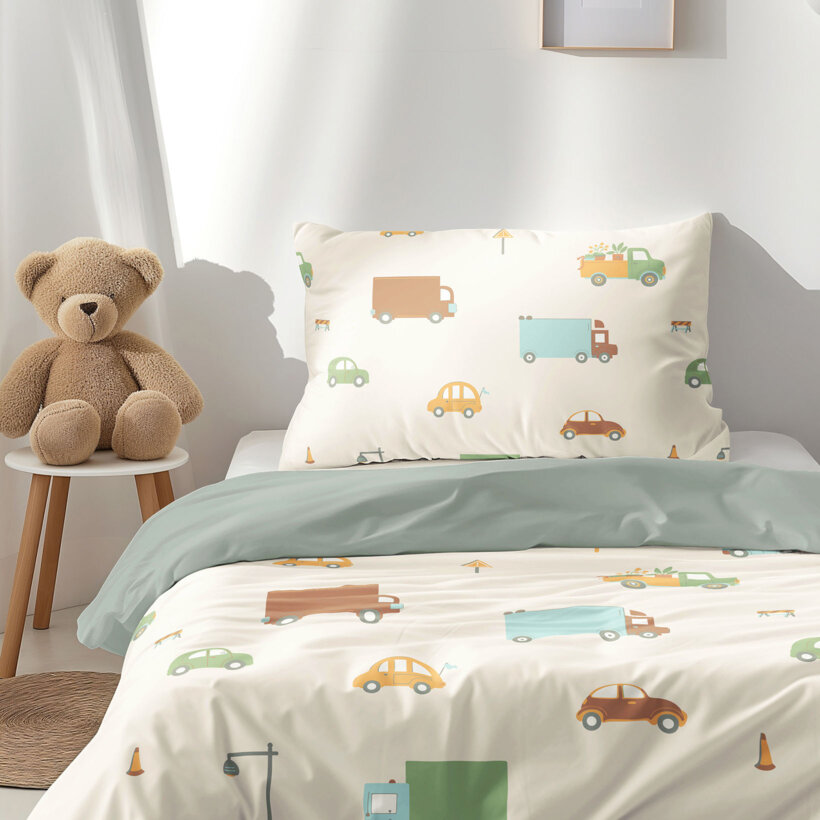 Kinder-Bettwäsche aus Baumwolle Duo - Welt der Autos mit Salbeigrün