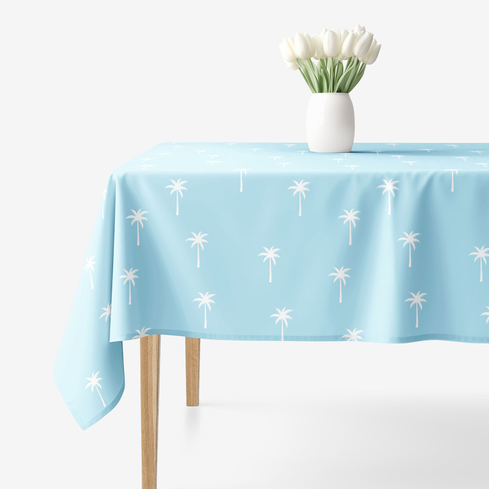 Eckige Tischdecke 100% Baumwolle - Palmen auf Pastellblau