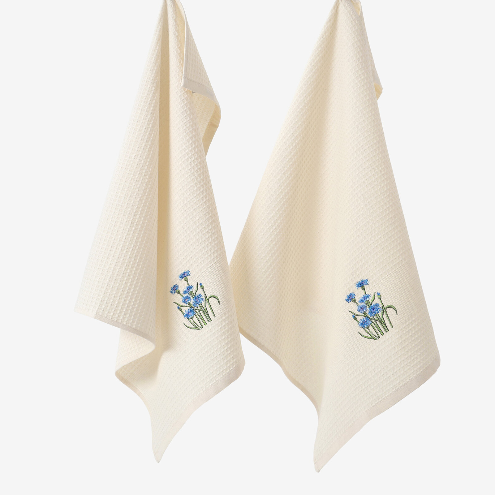 Waffel-Geschirrtuch mit Stickerei - Kornblumen auf Creme