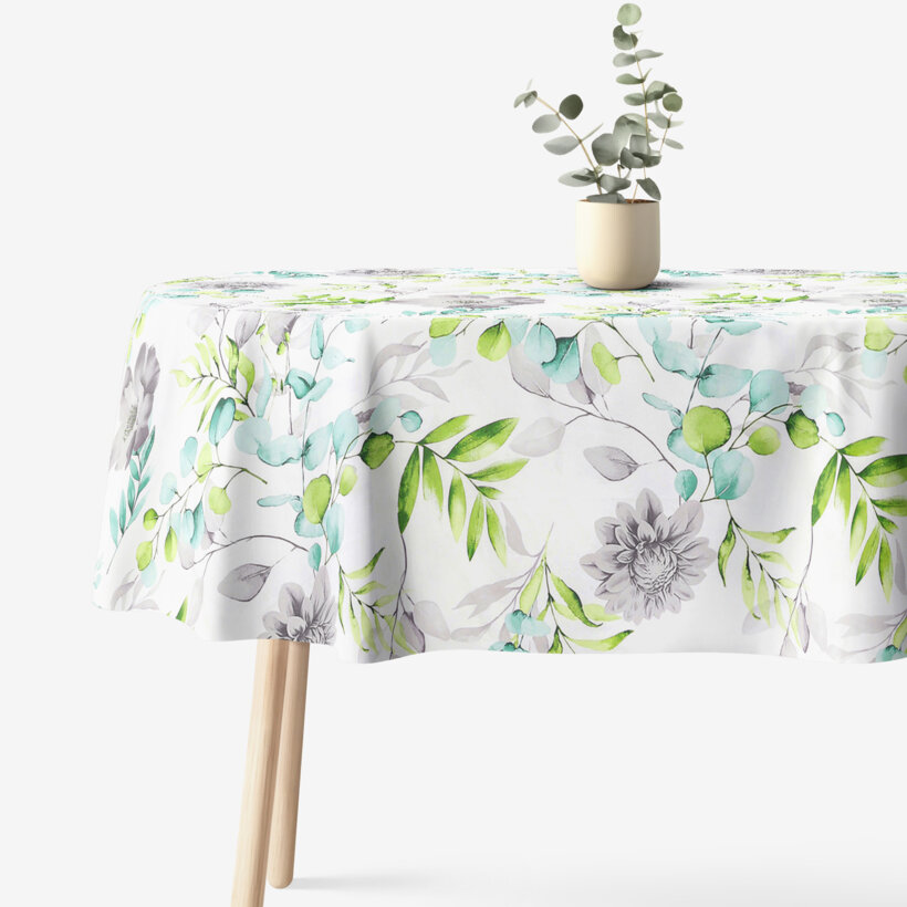 Ovale Tischdecke aus 100% Baumwolle Deluxe - Eukalyptus mit Blumen
