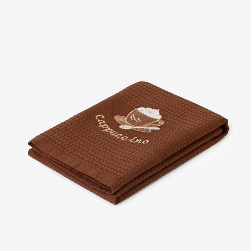 Waffel-Geschirrtuch mit Stickerei - Kaffee auf Braun