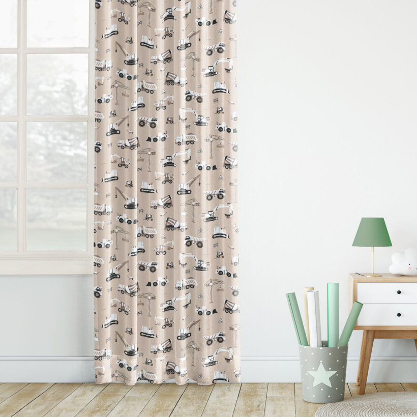 Vorhang aus Baumwolle Kindermotive - Lastwagen und Bagger auf Beige