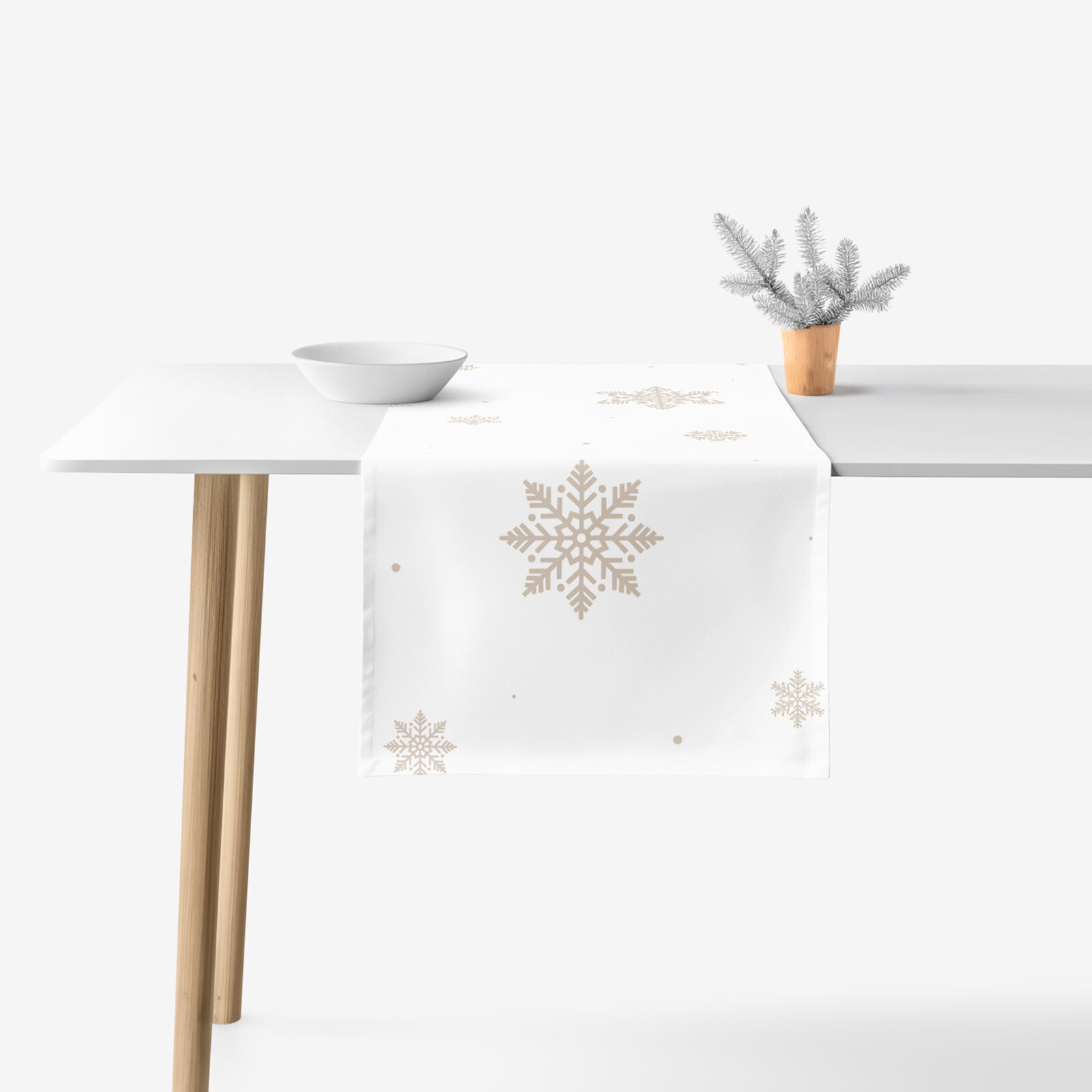 Weihnachtlicher Tischläufer aus 100% Baumwolle - Schneeflocken auf Weiß