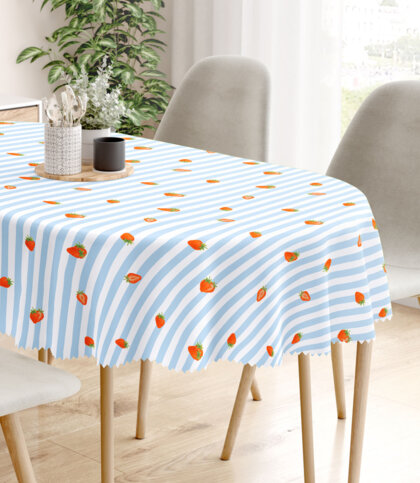Ovale Tischdecke Teflon - blaue Streifen mit Erdbeeren