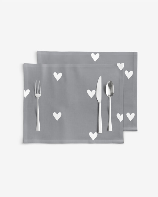 Tischset 100% Baumwolle - Herzchen auf Grau - 2 Stück