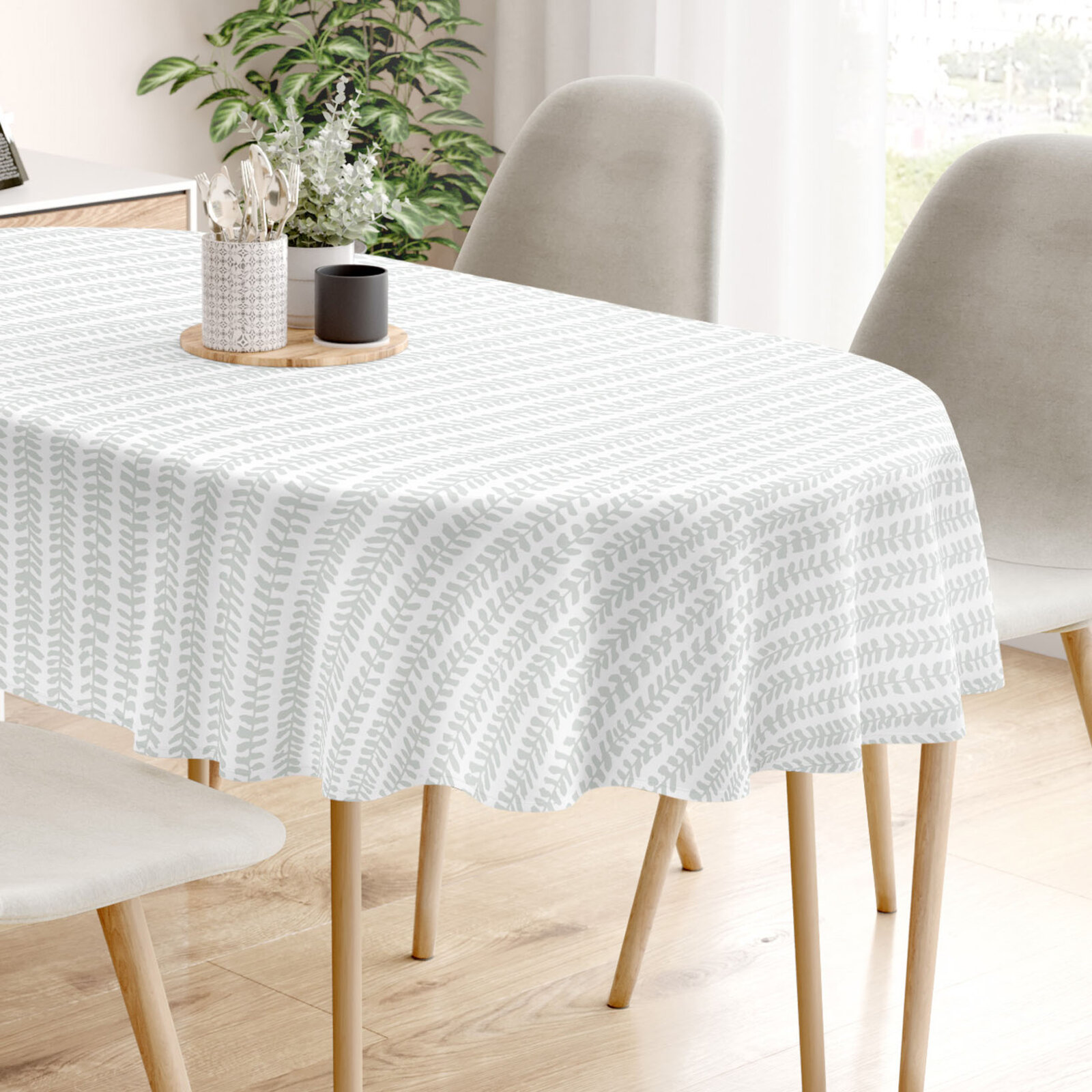 Ovale Tischdecke aus 100% Baumwolle - Skandinavische Blätter
