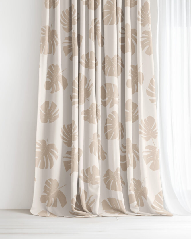 Vorhang aus Baumwolle - Tropische Blätter auf Beige