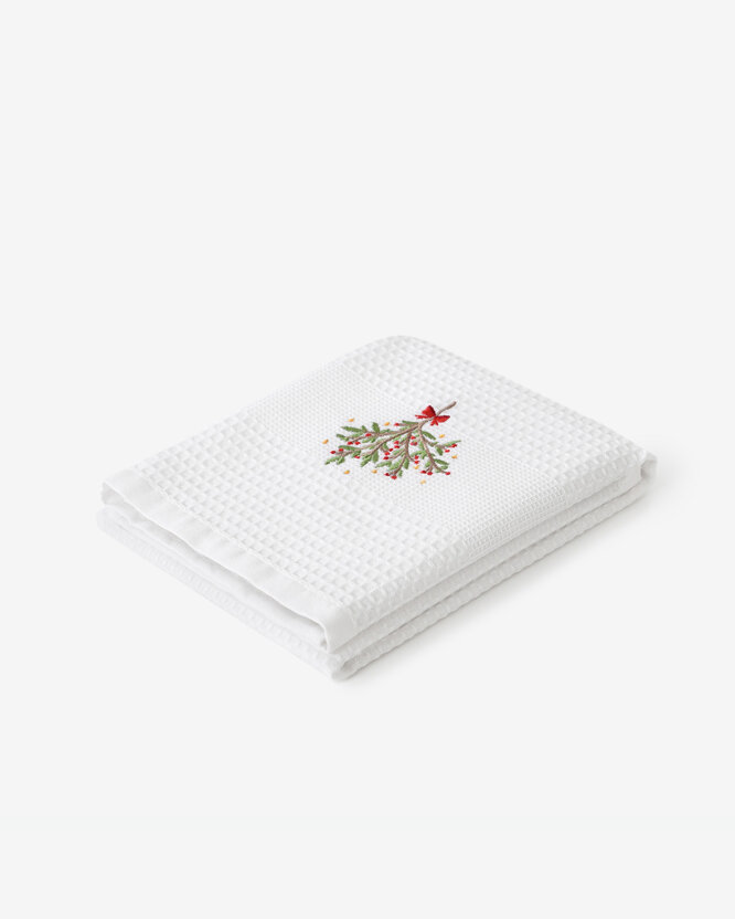 Waffel-Geschirrtuch mit Weihnachtsstickerei - Mistel auf weißem Grund