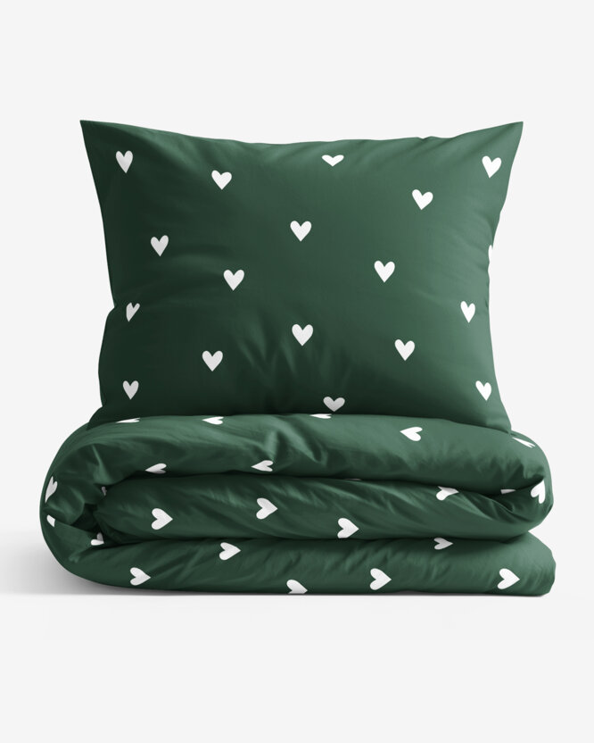 Bettwäsche aus Baumwolle - Herzchen auf Dunkelgrün