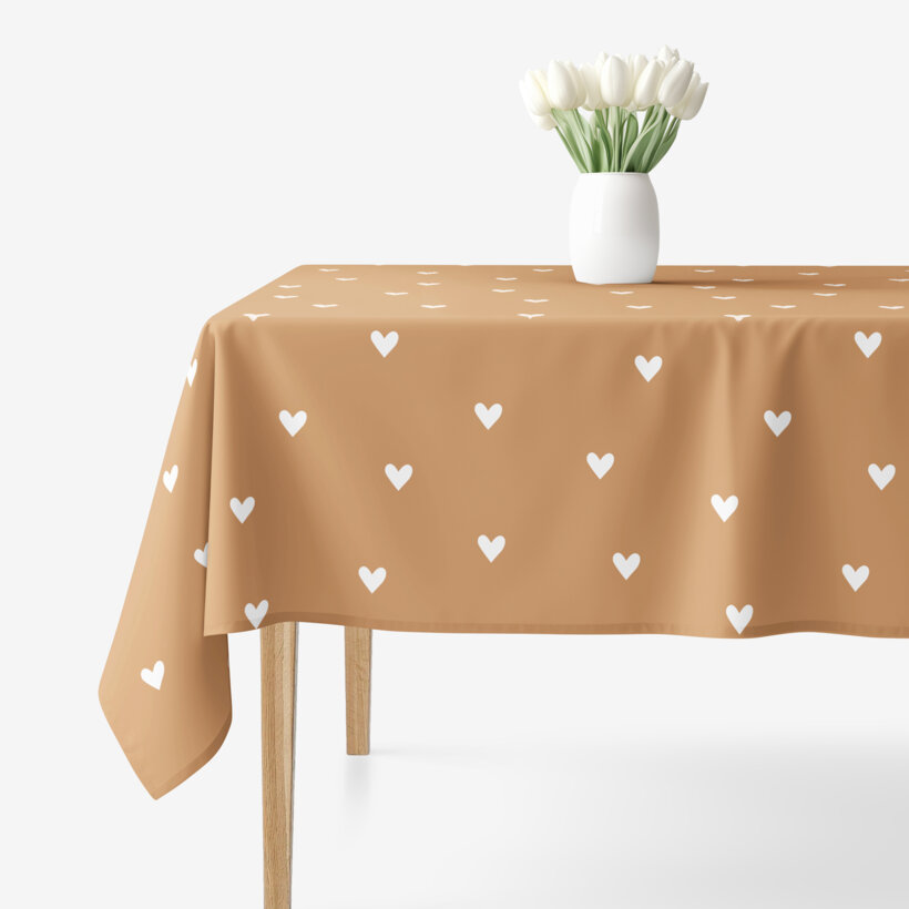 Eckige Tischdecke 100% Baumwolle - Herzchen auf Herbstbraun