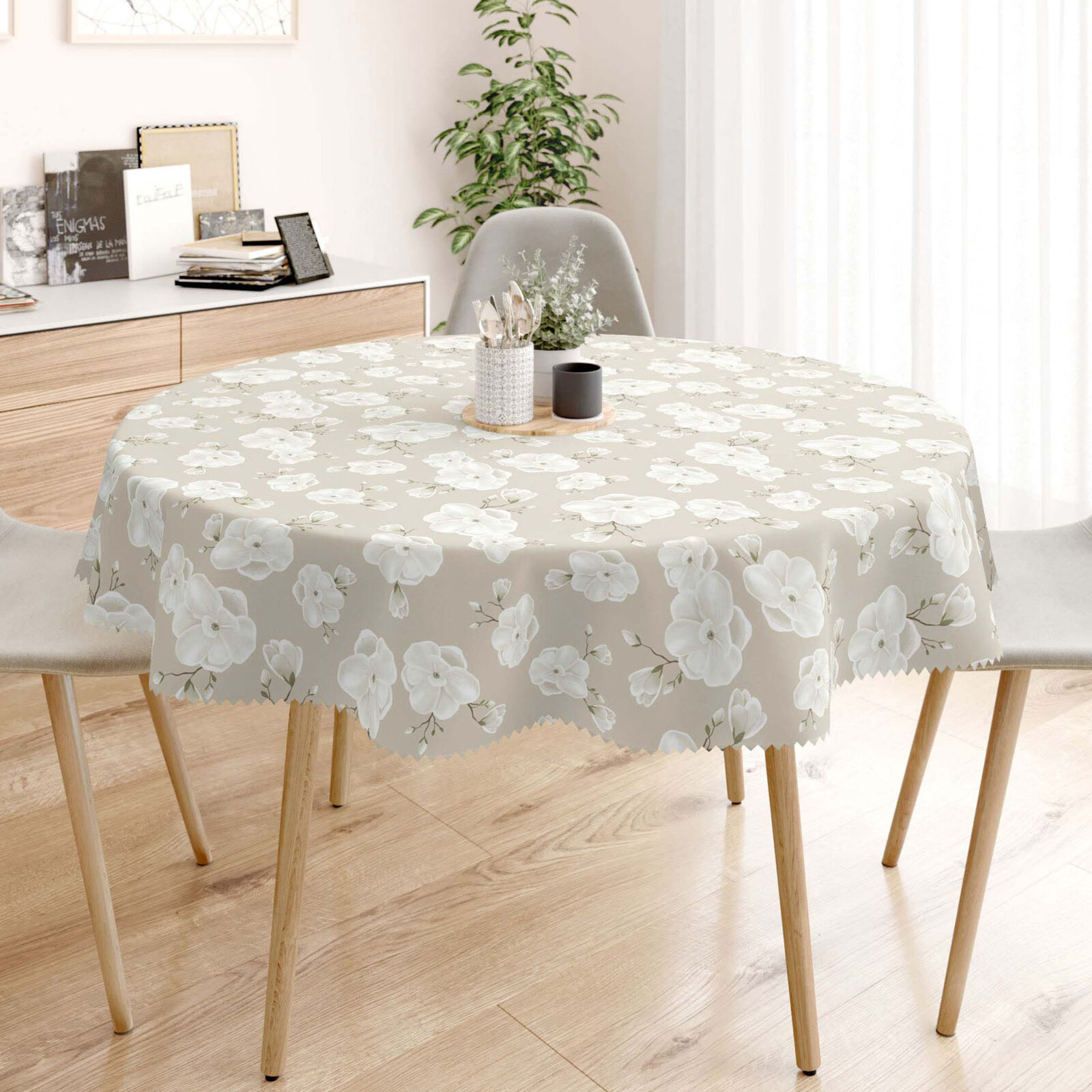 Runde Tischdecke Teflon - weiße Blumen