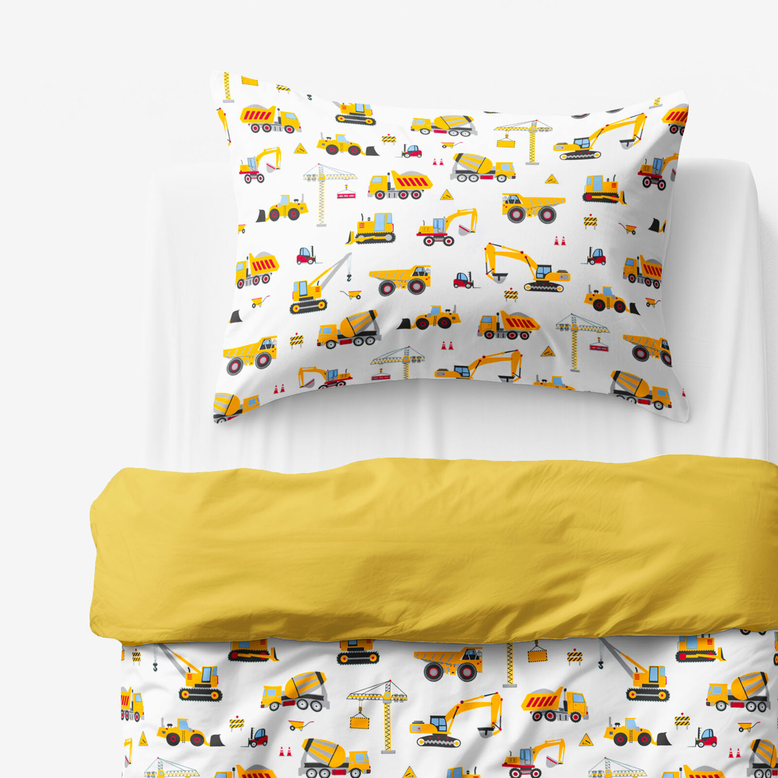 Kinder-Bettwäsche aus Baumwolle Duo - Lastwagen und Bagger mit Honiggelb