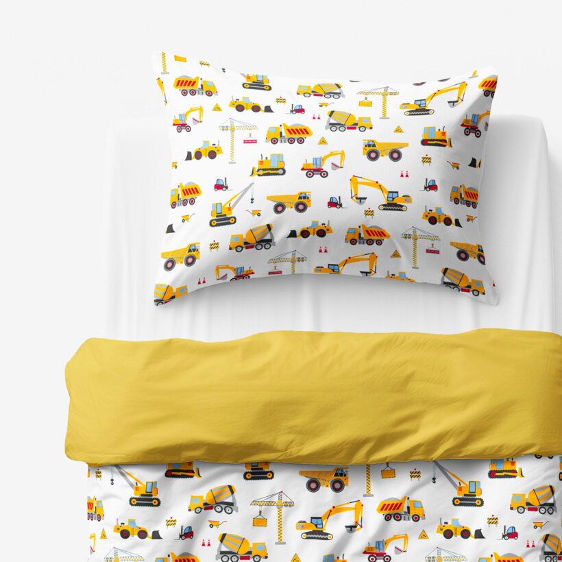 Kinder-Bettwäsche aus Baumwolle Duo - Lastwagen und Bagger mit Honiggelb