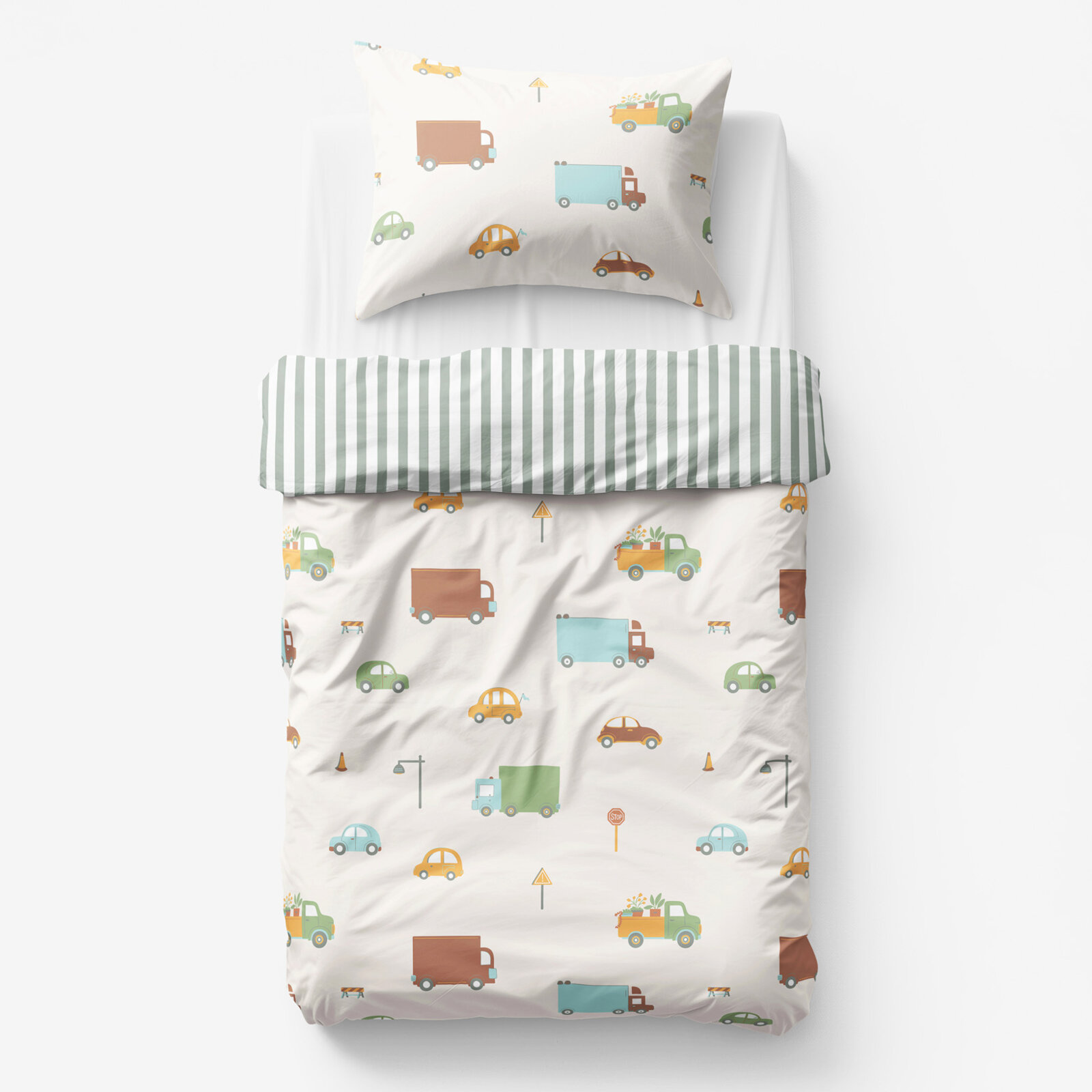 Kinder-Bettwäsche aus Baumwolle - Welt der Autos mit salbeigrüne Streifen