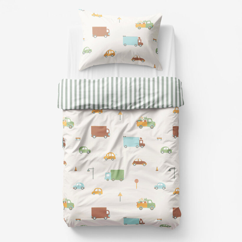Kinder-Bettwäsche aus Baumwolle - Welt der Autos mit salbeigrüne Streifen