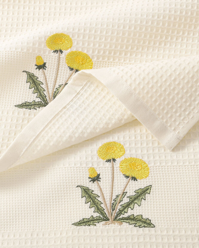 Waffel-Geschirrtuch mit Stickerei - Löwenzahn auf Creme