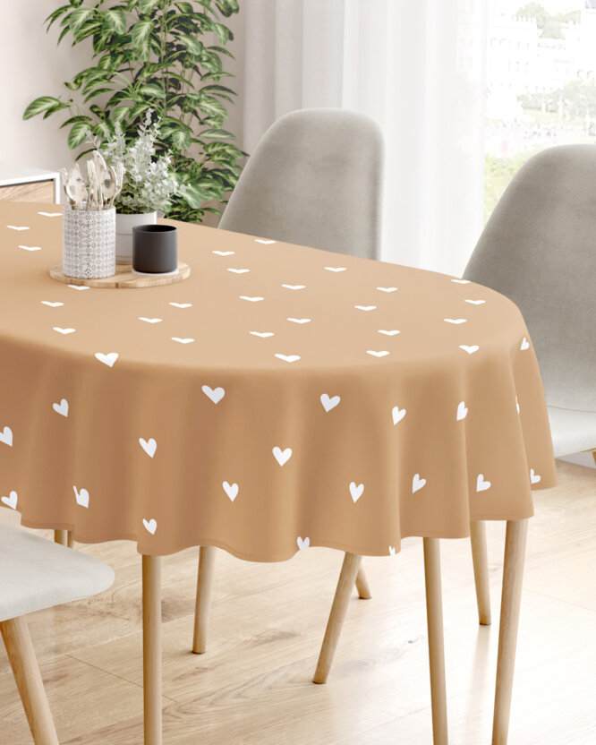 Ovale Tischdecke aus 100% Baumwolle - Herzchen auf Herbstbraun