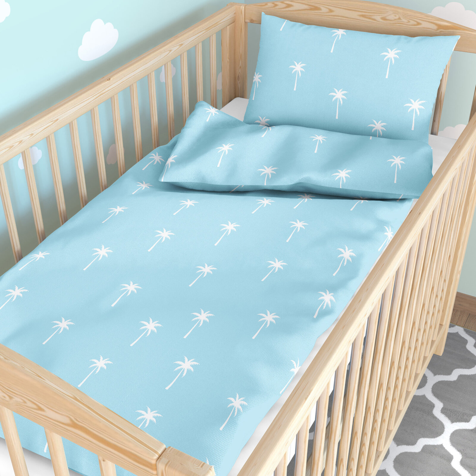 Bettwäsche für Babybetten aus Baumwolle - Palmen auf Pastellblau