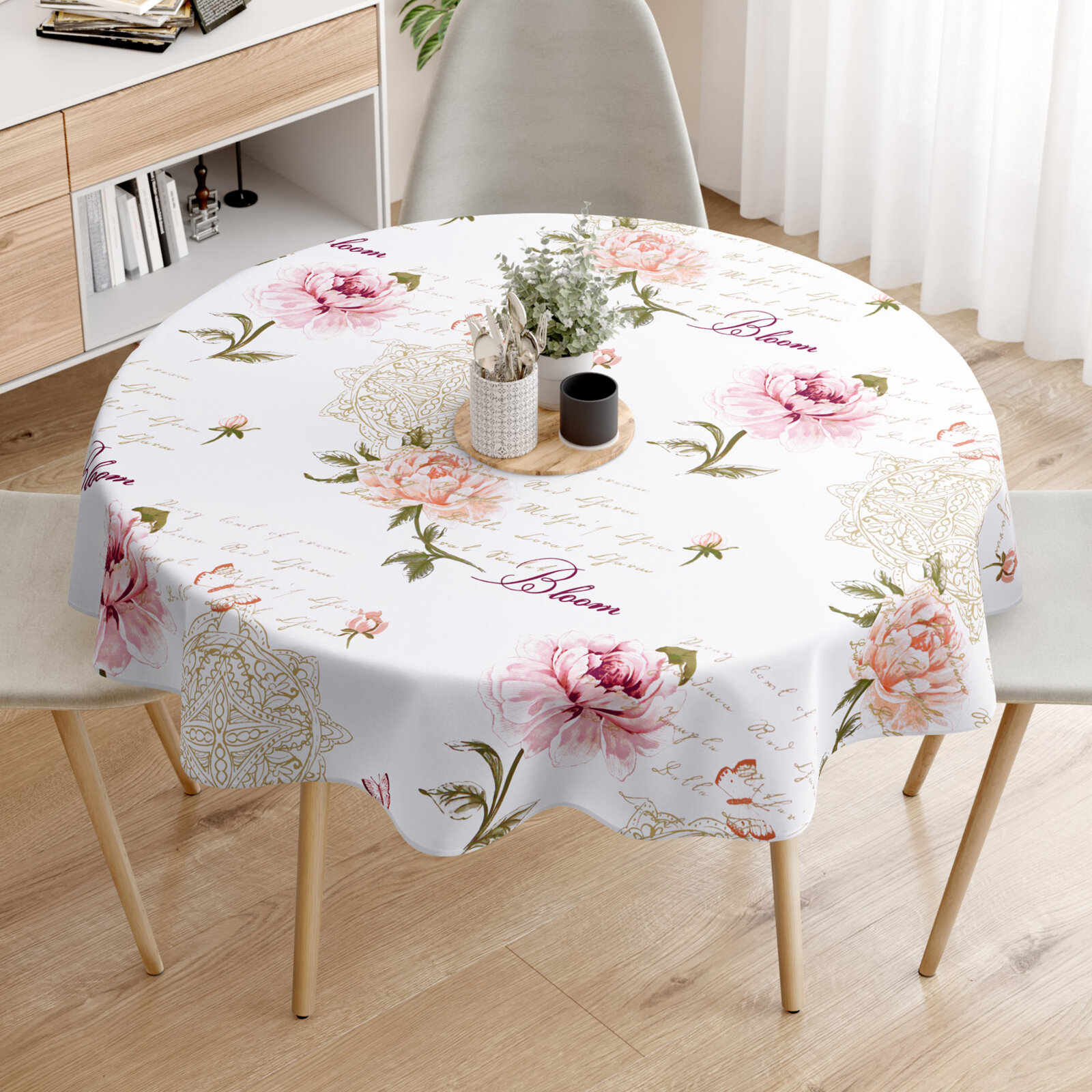 Runde Tischdecke 100% Baumwolle - Pfingstrosen und Schriftzügen